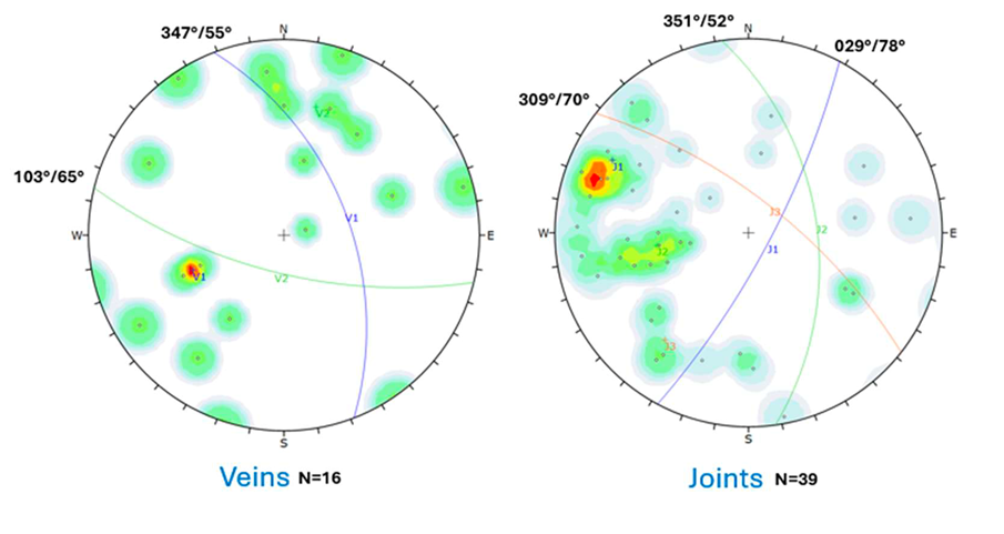 Figure 1: Golden Stranger 2025 structural data of veins and joints measured in 2025 showing the main structural trends.