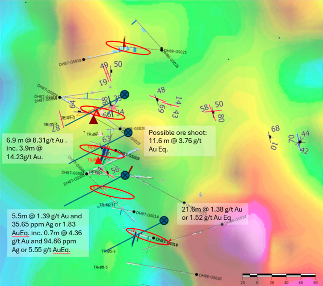Figure 4. Golden Stranger Main Zone plan view of historical drilling, trenches, 2025 structural data over 2025 ground magnetics.