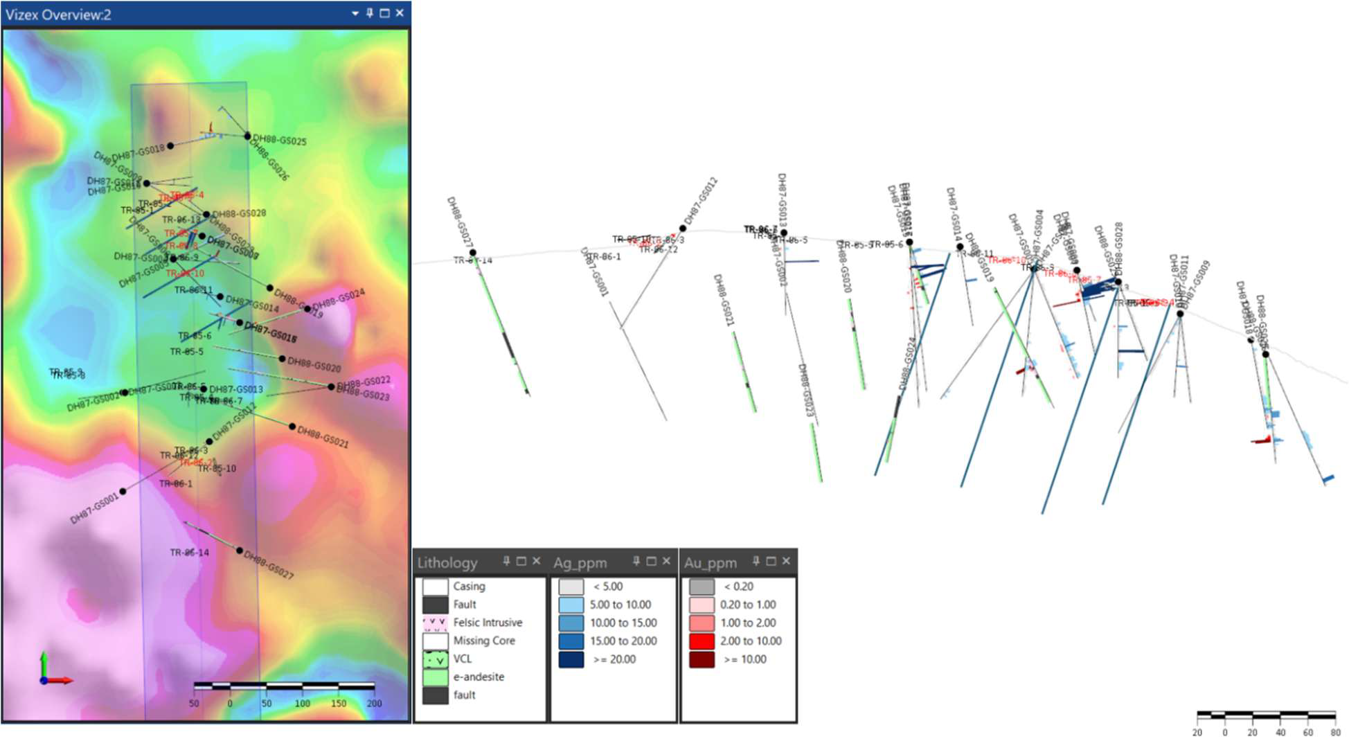 Figure 5. Golden Stranger long section showing historical assays, 2025 relogging and proposed drillhole traces.